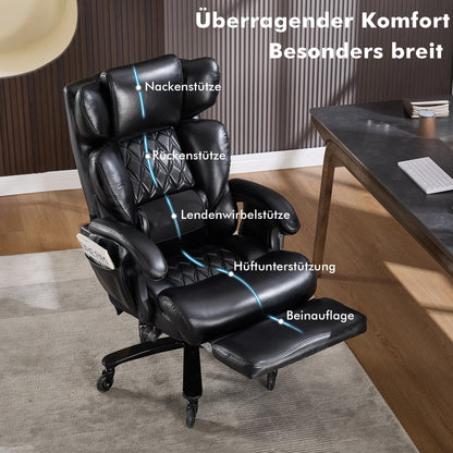 DEKKETO Chefsessel mit Fußstütze & Massagefunktion – PU Leder