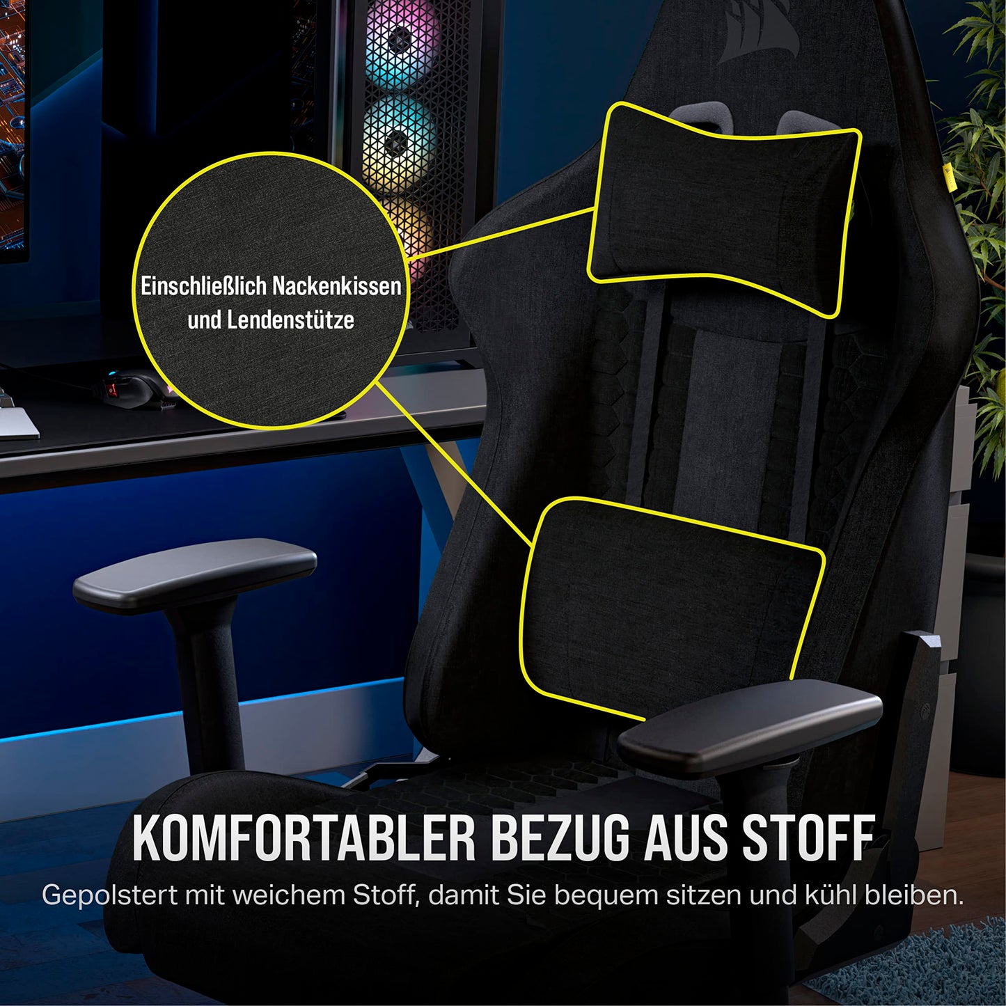Corsair TC100 Gaming-Stuhl – Stoff, Lenden- & Nackenkissen