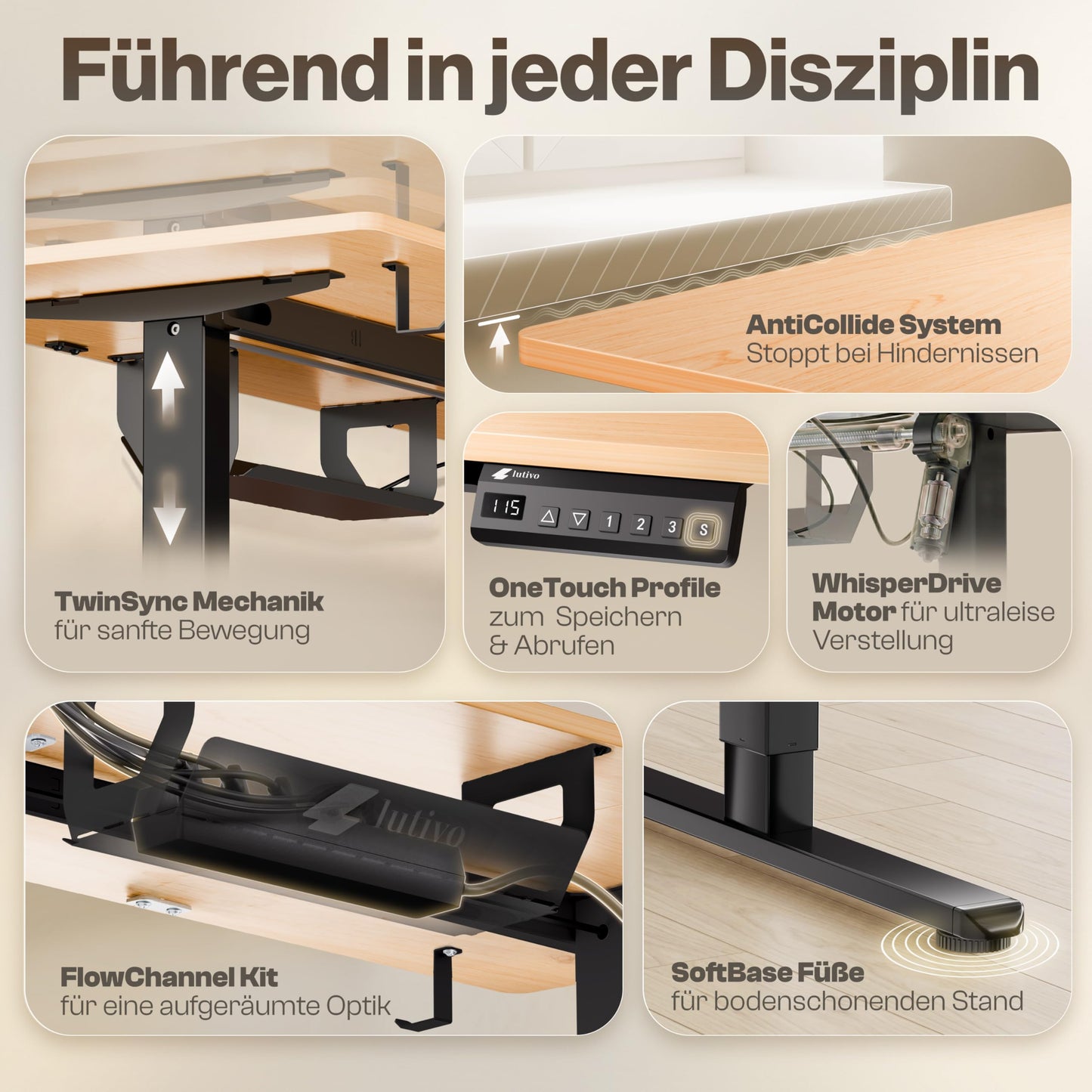 LUTIVO Foxtrot Elektrischer Schreibtisch 120x60 cm, leise, Kabelversteck