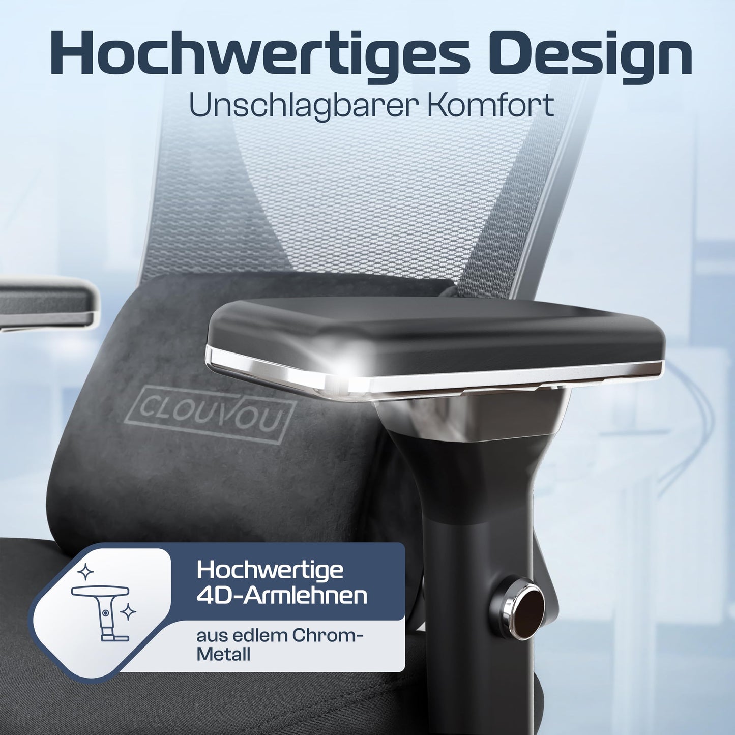 CLOUVOU CleverSeat Bürostuhl 150kg – Ergonomisch, 4D Armlehnen