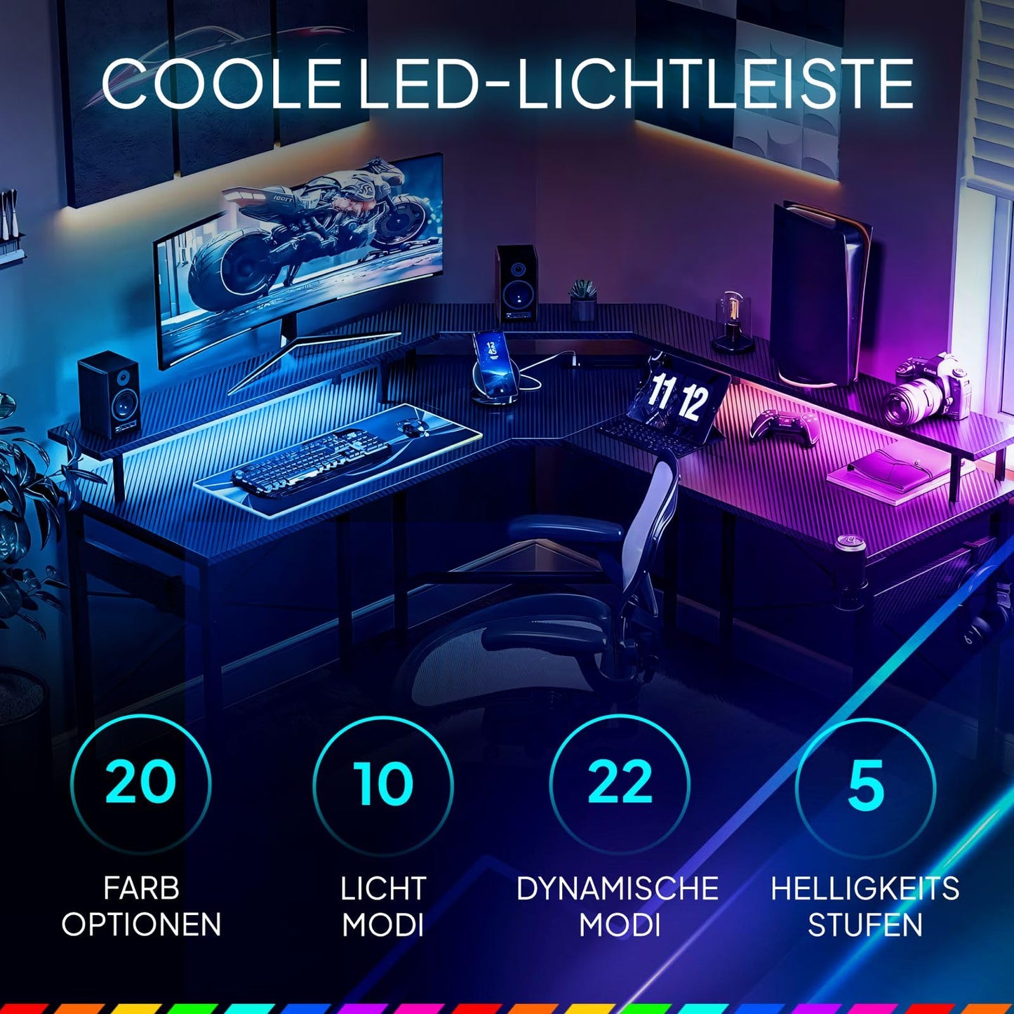 Lugia Gaming Schreibtisch L-Form 130x78 cm, RGB LED, USB, Schwarz
