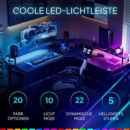 Lugia Gaming Schreibtisch L-Form 130x78 cm, RGB LED, USB, Schwarz