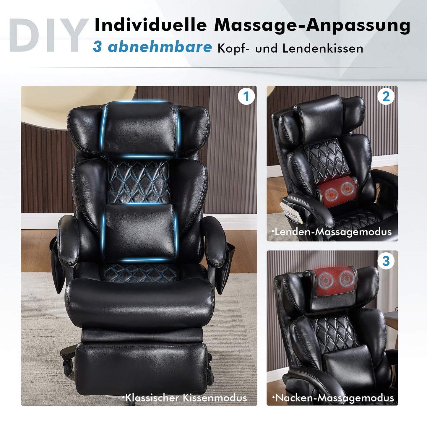 DEKKETO Chefsessel mit Fußstütze & Massagefunktion – PU Leder