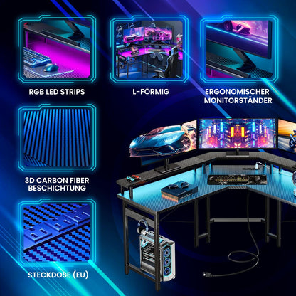 Lugia Gaming Schreibtisch L-Form 130x78 cm, RGB LED, USB, Schwarz
