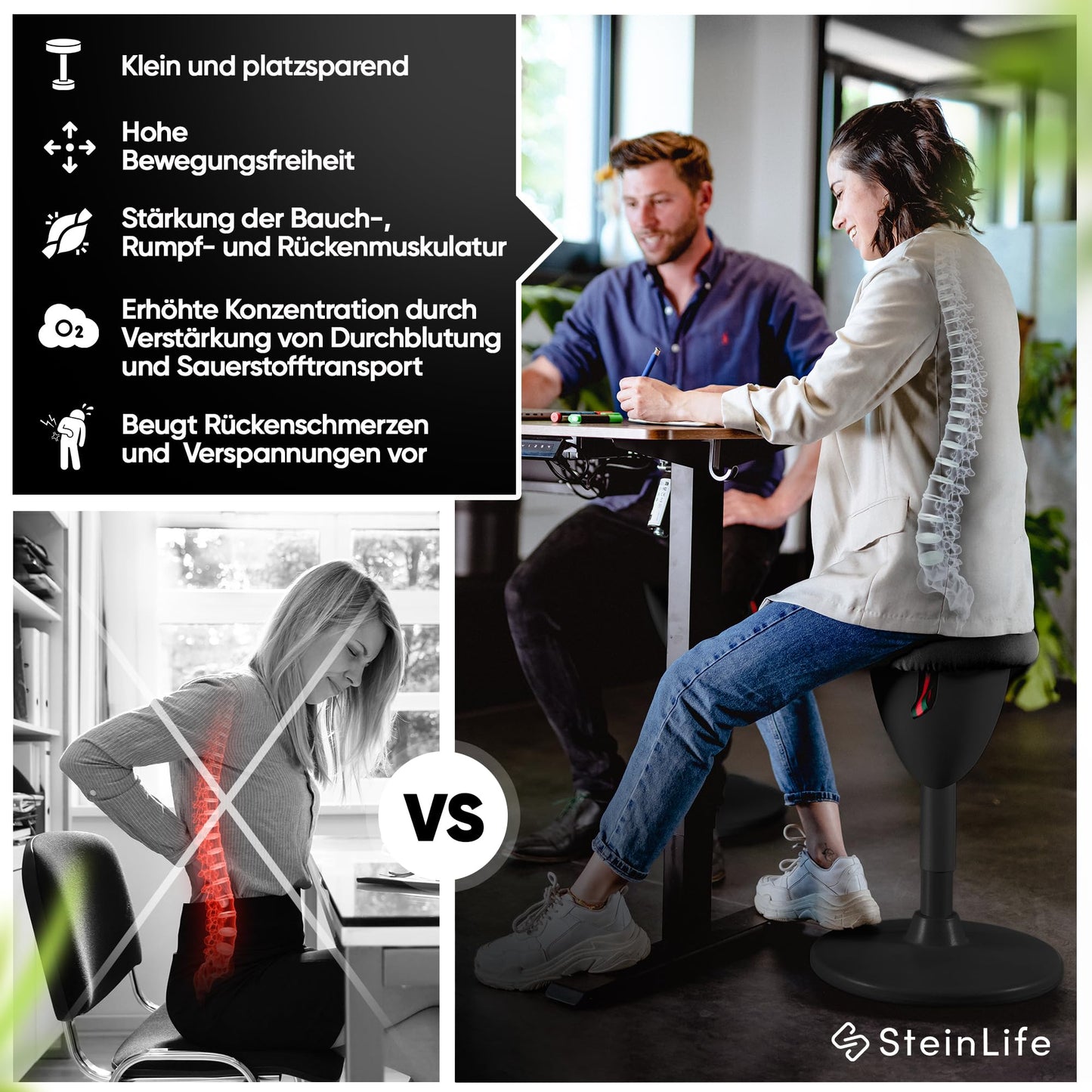 SteinLife Ergonomischer Bürohocker Höhenverstellbar 48–68 cm
