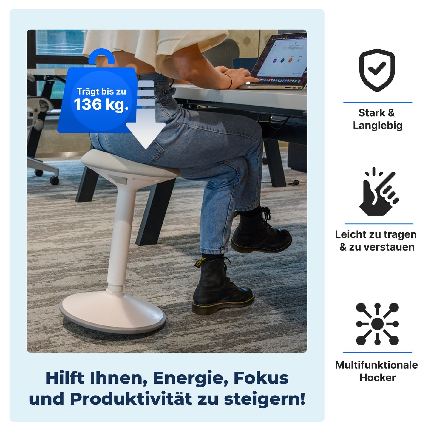 Ergonomischer Bürohocker höhenverstellbar 55–80 cm – Mattschwarz