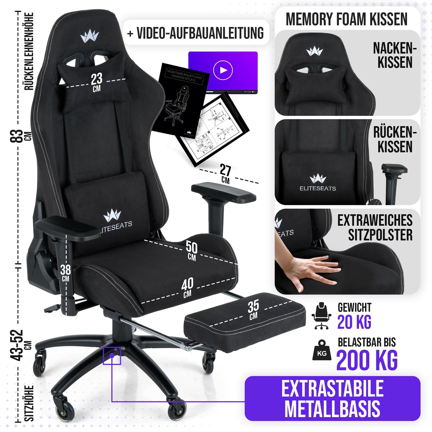 ELITESEATS Ergonomischer Gaming Stuhl, 4D-Armlehnen, Fußstütze