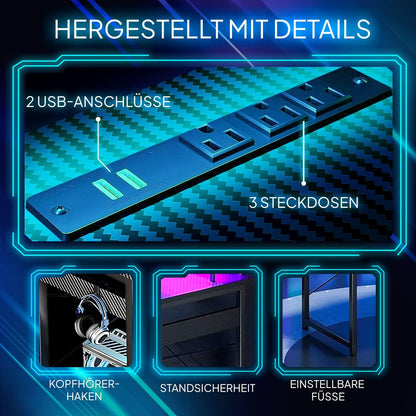 Lugia Gaming Schreibtisch L-Form 130x78 cm, RGB LED, USB, Schwarz