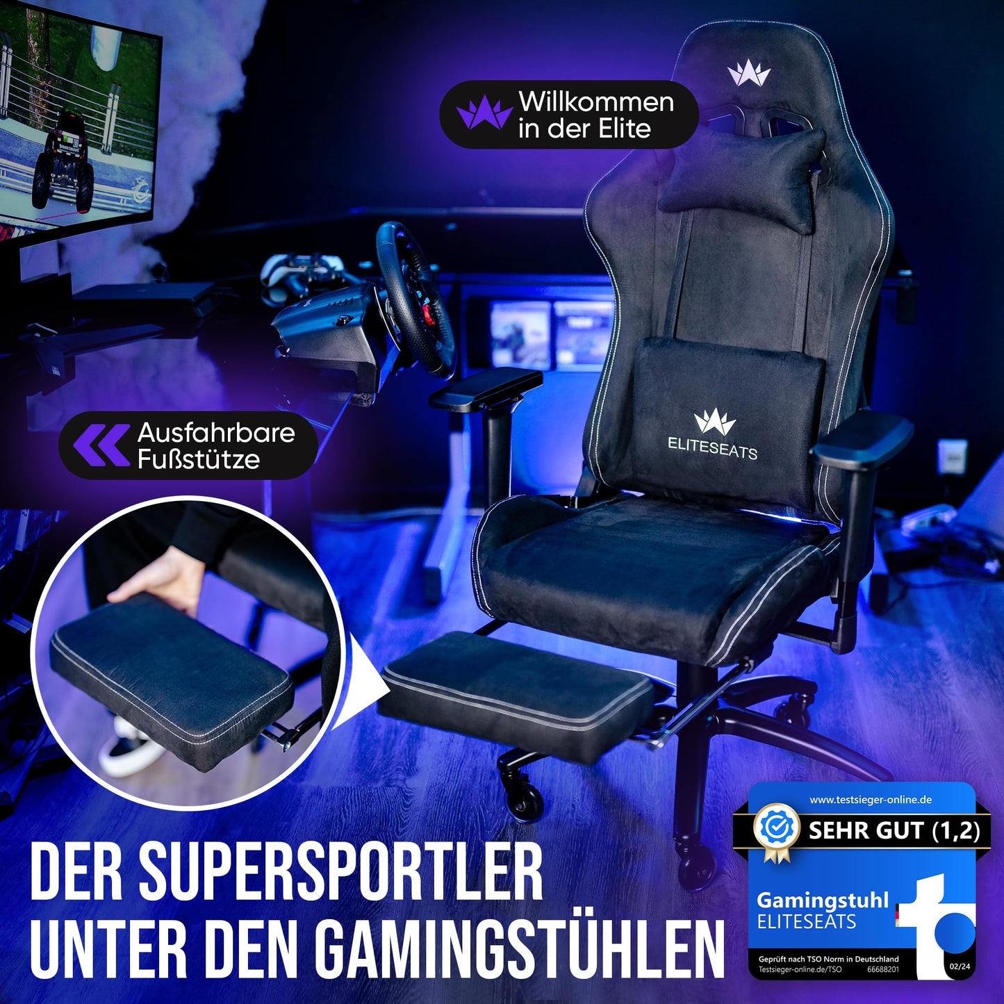 ELITESEATS Ergonomischer Gaming Stuhl, 4D-Armlehnen, Fußstütze
