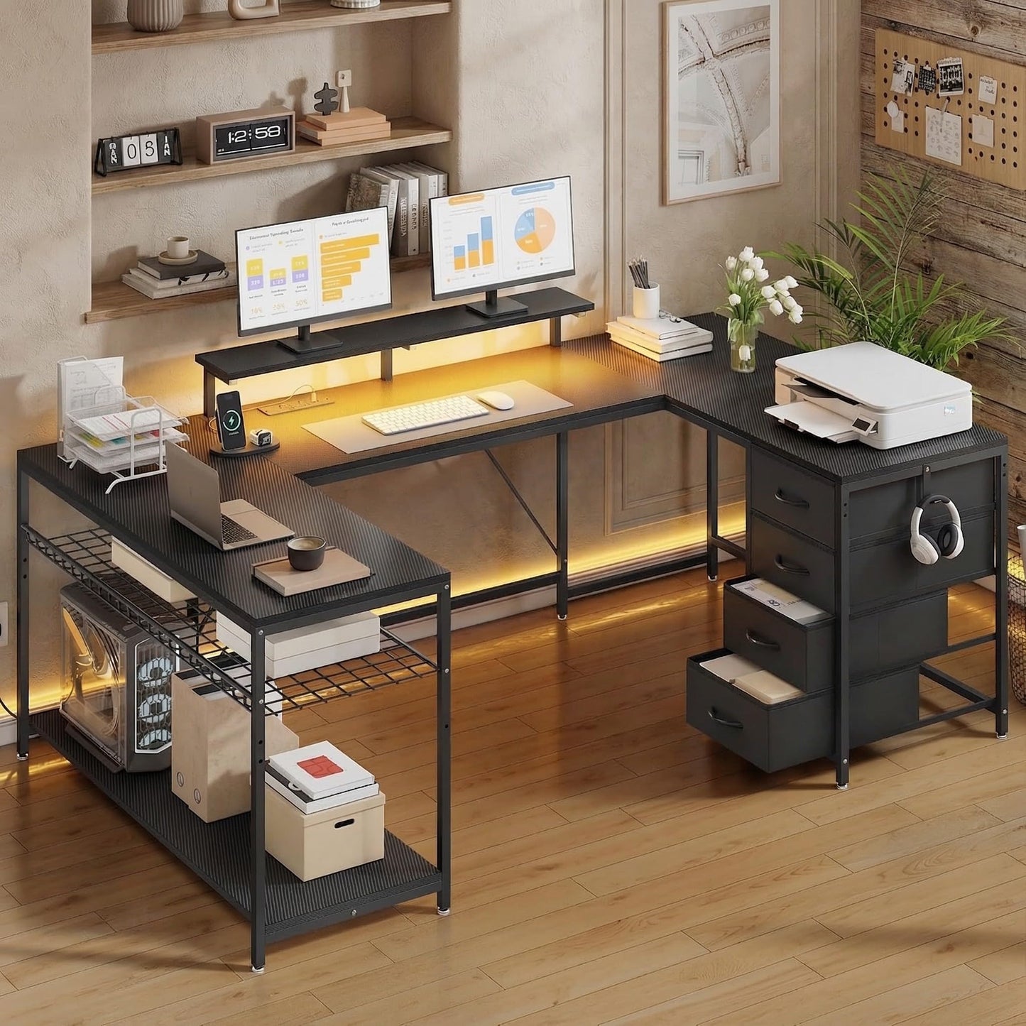 YITAHOME Eckschreibtisch 158x100 cm mit LED & Steckdosen, Schwarz
