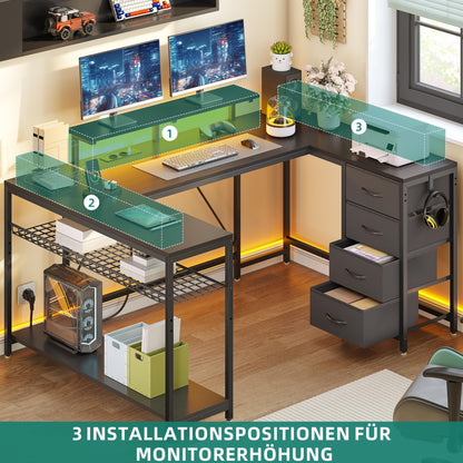 YITAHOME Eckschreibtisch 158x100 cm mit LED & Steckdosen, Schwarz